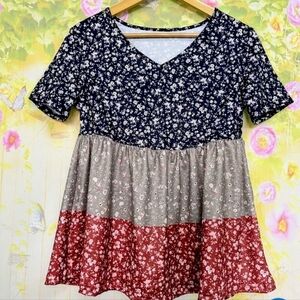 Tiered Floral V-Neck Babydoll Top - Navy, Gray, Rust